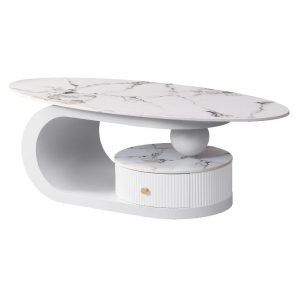 White Oval Star Marble Coffee Table With Compartment